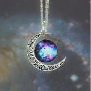Nebula Galaxy Cabochon Necklace, Bib Necklace, Charm Necklace,Moon necklace, Galactic Cosmic Moon Necklace