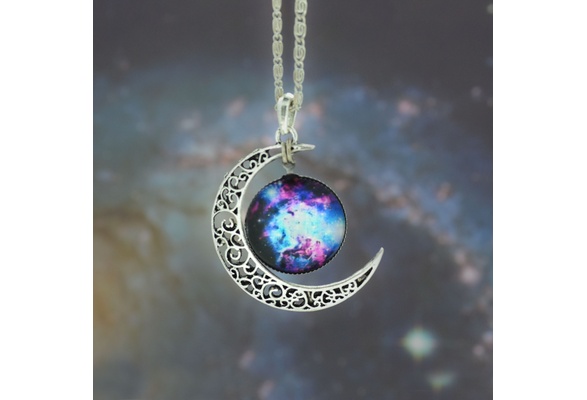Nebula Galaxy Cabochon Necklace, Bib Necklace, Charm Necklace,moon Necklace, Galactic Cosmic Moon Necklace